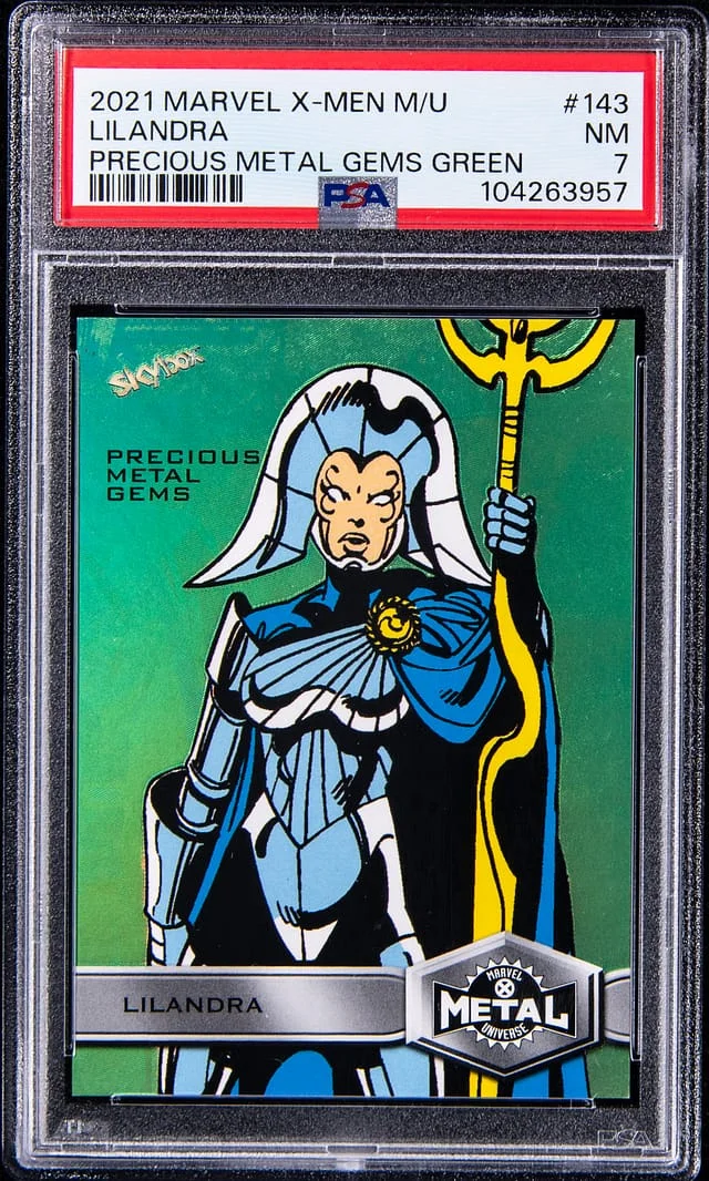 2021 Upper Deck/SkyBox Marvel X-Men Metal Universe Precious Metal Gems (PMG) Green Lilandra #143 card image