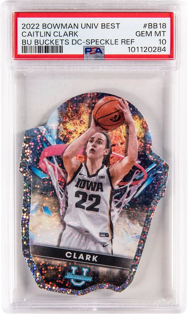 2022-23 Bowman Best Caitlin Clark Bowman University Buckets Die Cuts Speckle Refractor #BB-18 card image