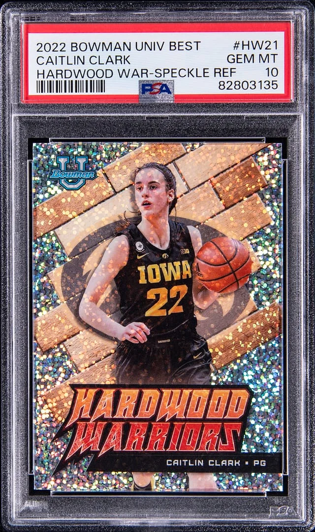 2022-23 Bowman University Best Caitlin Clark Hardwood Warriors Speckle Refractor #HW-21 card image