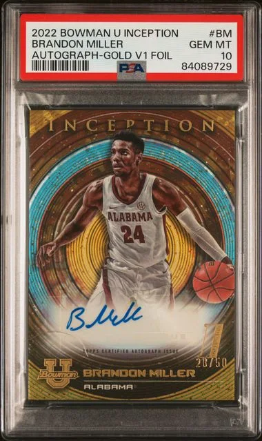 2022-23 Bowman University Brandon Miller Inception Autographs Gold V1 Foil #BM card image