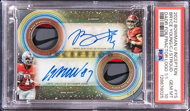 2022-23 Bowman University Bryce Young/C.J. Stroud Inception Dual Relic Dual Autograph FoilFractor #DADR-YS card image