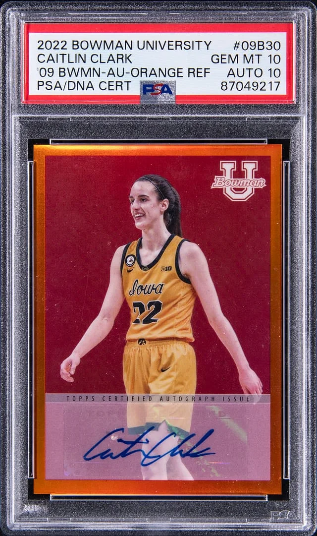 2022-23 Bowman University Caitlin Clark 09 Bowman Autographs Orange Refractor #09B30 card image
