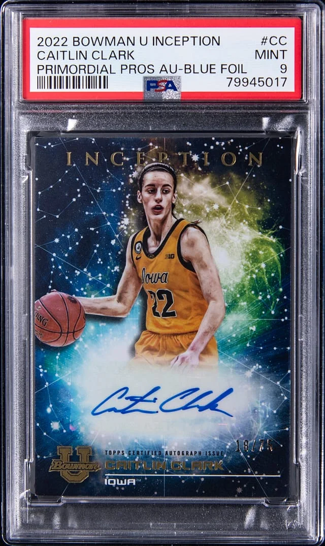 2022-23 Bowman University Caitlin Clark Inception Primordial Prospect Autographs Blue Foil #PMP-CC card image