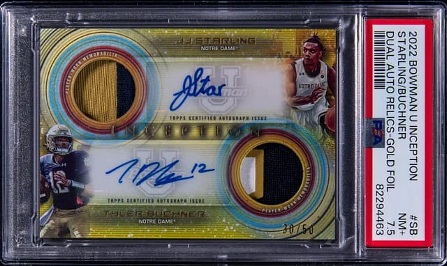 2022-23 Bowman University JJ Starling/Tyler Buchner Inception Dual Autograph Relics Gold Foil #SB card image