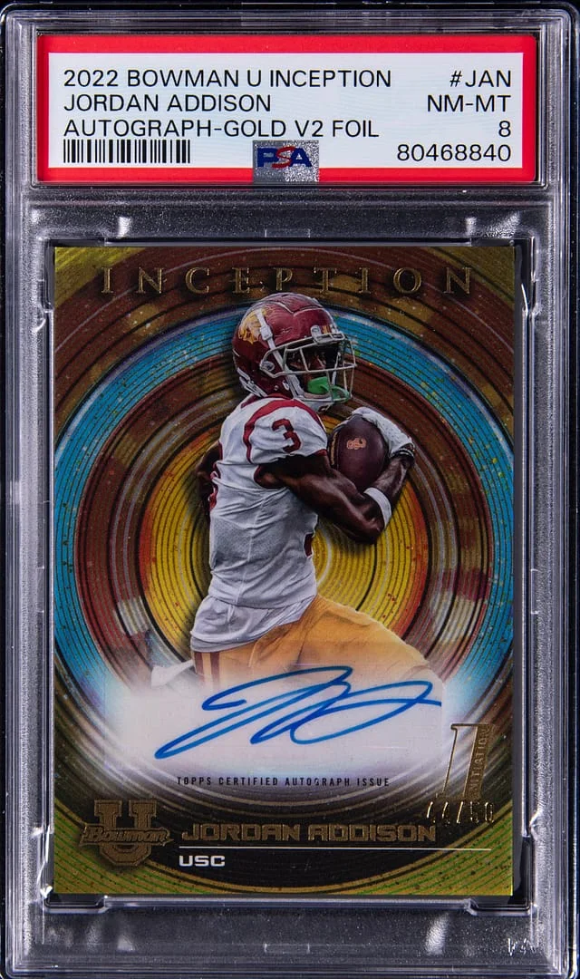 2022-23 Bowman University Jordan Addison Inception Autograph Gold V2 Foil #BIA-JAN card image
