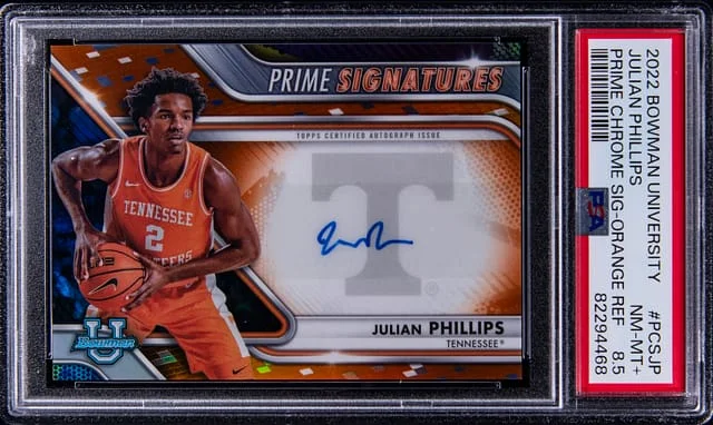 2022-23 Bowman University Julian Phillips Prime Chrome Signatures Orange Refractor #PCSJP card image