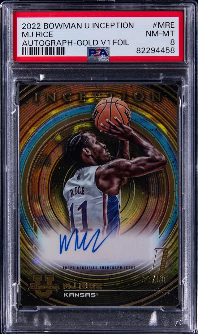 2022-23 Bowman University MJ Rice Inception Autograph Gold V1 Foil #MRE card image