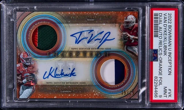 2022-23 Bowman University Tyler Van Dyke/Cade Klubnik Inception Dual Autograph Relic Orange Foil #VK card image