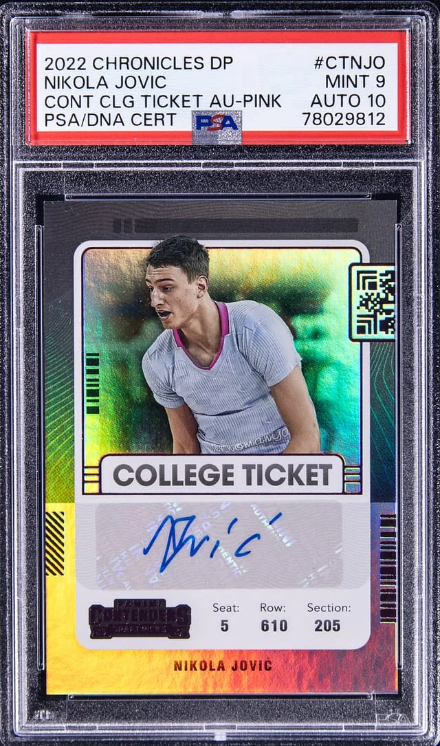 2022-23 Chronicles Nikola Jovic Draft Picks Contenders Collegiate Ticket Autograph - Pink #CTNJO card image