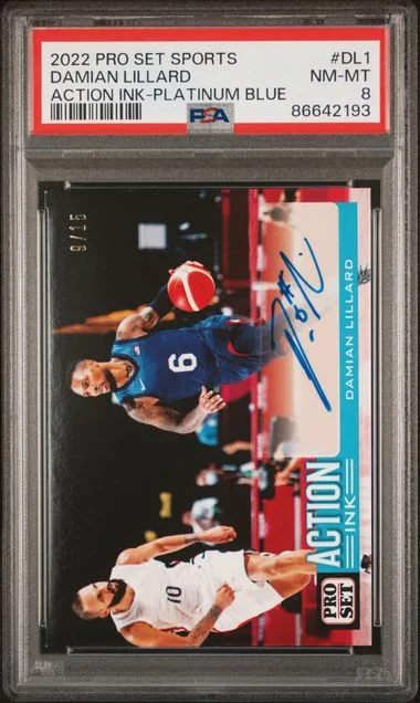 2022-23 Leaf Damian Lillard Pro Set Sports Action Ink Platinum Blue #DL1 card image