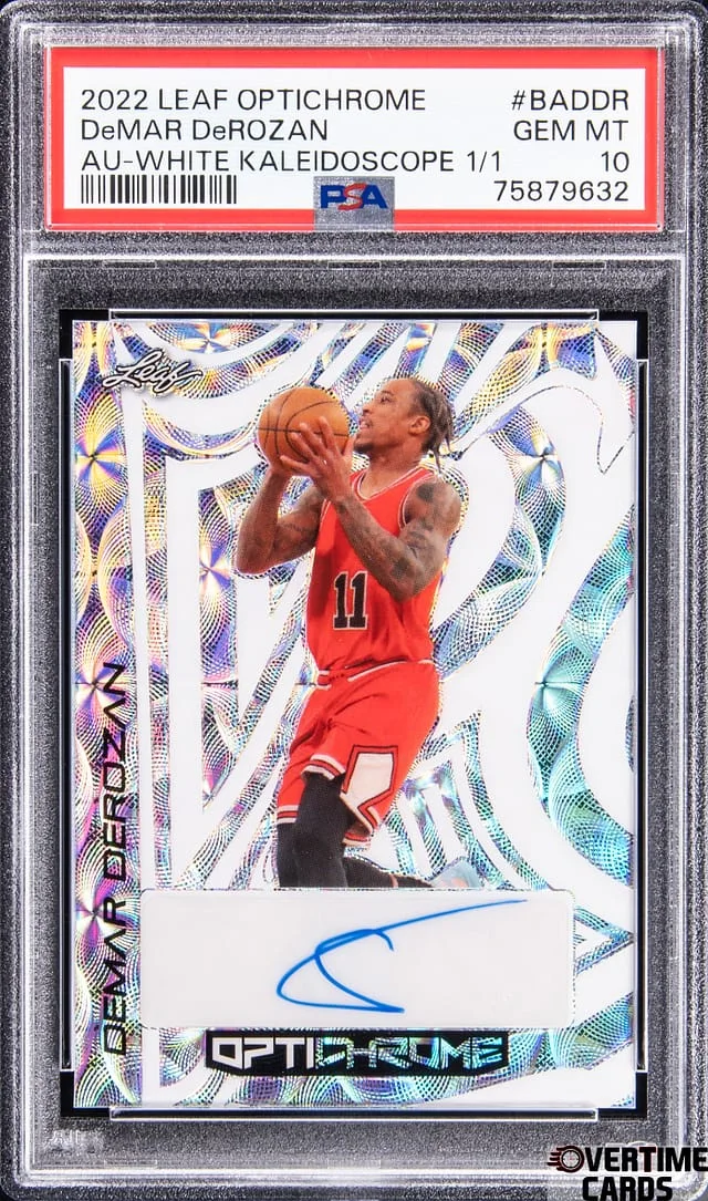 2022-23 Leaf DeMar DeRozan Optichrome Autograph White Kaleidoscope #BADDR card image