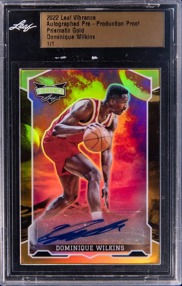 2022-23 Leaf Dominique Wilkins Vibrance Autograph Pre-Production Proof Prismatic Gold #NNO card image