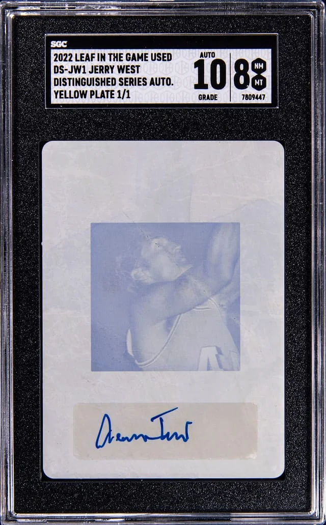 2022-23 Leaf Jerry West In The Game Used Distinguished Series Autograph Yellow Plate #DS-JW1 card image