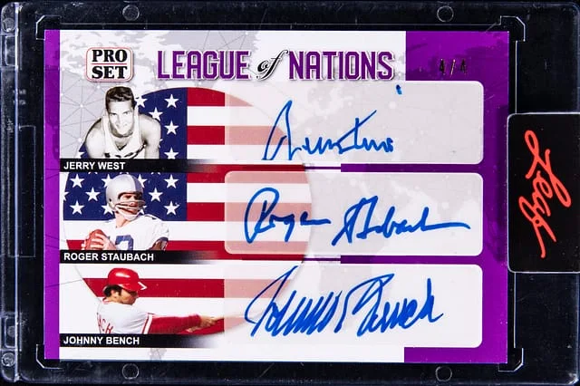 2022-23 Leaf Jerry West/Roger Staubach/Johnny Bench Pro Set League of Nations Triple Autograph #LON-10 card image