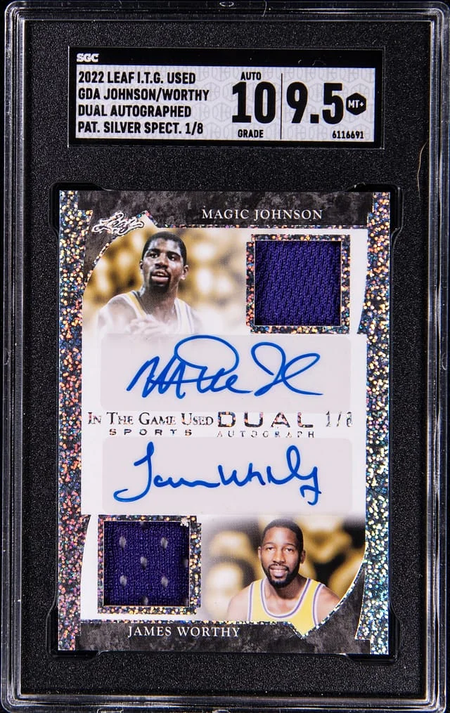 2022-23 Leaf Magic Johnson/James Worthy In The Game Used Dual Autograph Pattern Silver Spectrum #GDA-14 card image
