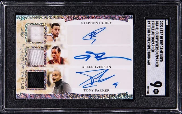 2022-23 Leaf Stephen Curry/Allen Iverson/Tony Parker In The Game Used Triple Autograph Pattern Silver Spectrum #GTA-01 card image