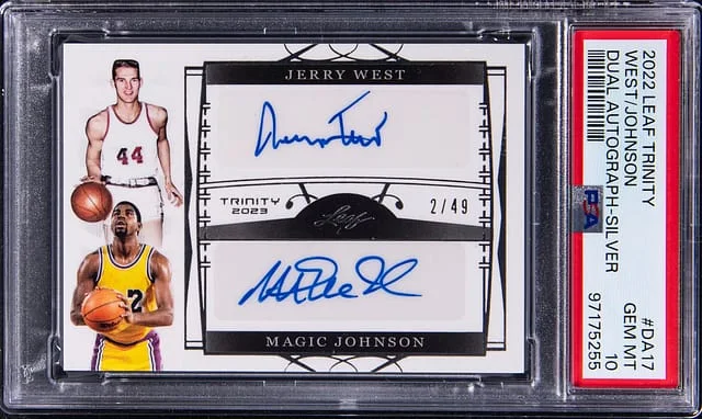 2022-23 Leaf Trinity Jerry West/Magic Johnson Dual Autograph Silver #DA-17 card image