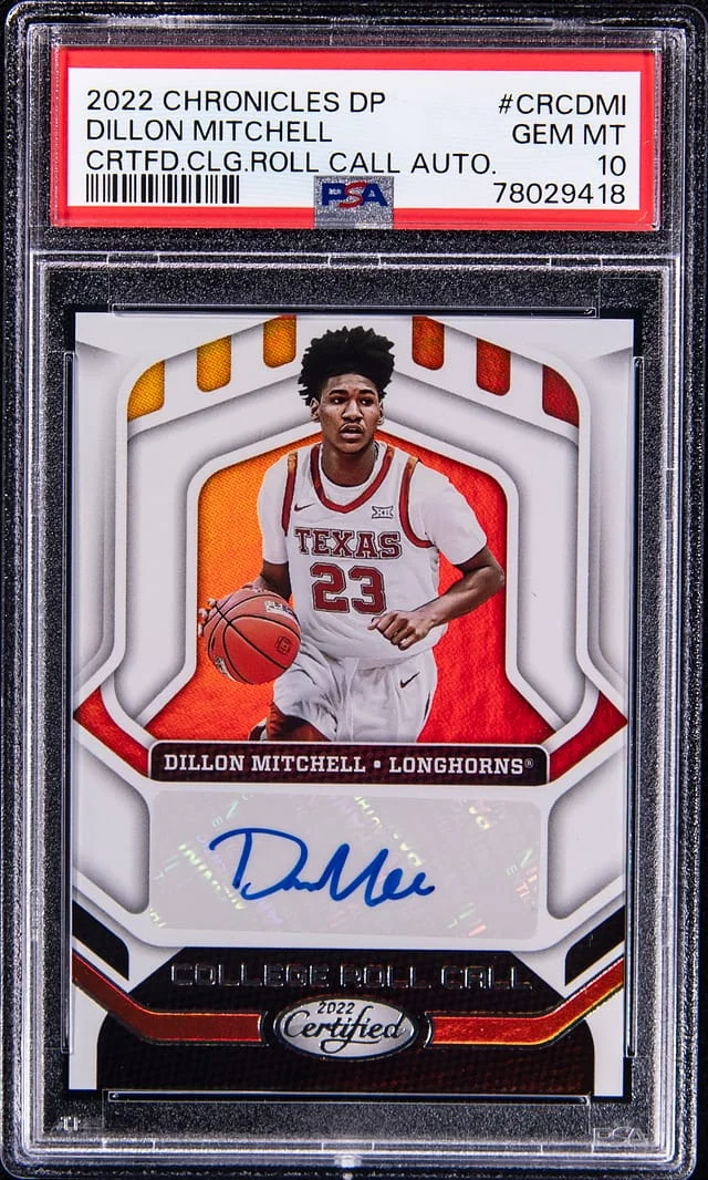 2022-23 Panini Chronicles Draft Picks Dillon Mitchell Premium Certified Collegiate Roll Call Autograph #CRCDMI card image