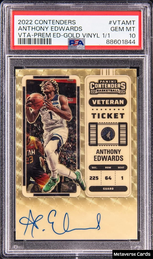 2022-23 Panini Contenders Anthony Edwards Veteran Ticket Autographs Premium Edition Gold Vinyl #VT-AMT card image