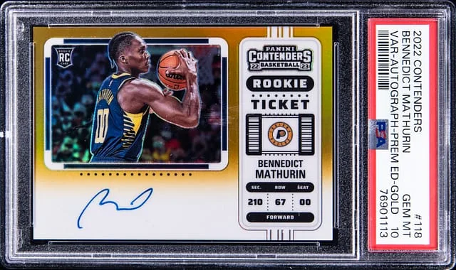 2022-23 Panini Contenders Bennedict Mathurin Ticket Autograph Variation Premium Edition Gold #118 card image