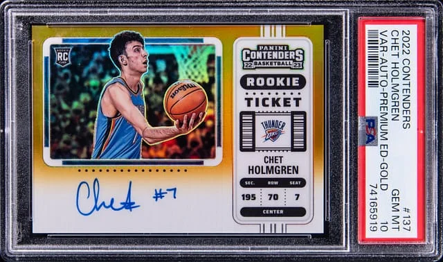 2022-23 Panini Contenders Chet Holmgren Ticket Autograph Variation Premium Edition Gold #137 card image