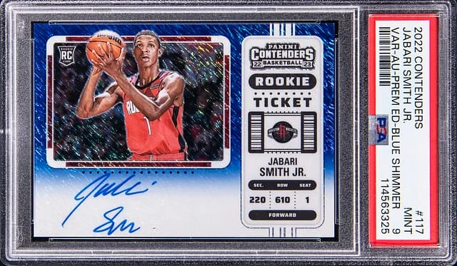 2022-23 Panini Contenders Jabari Smith Jr. Variation Autograph Premium Edition Blue Shimmer #117 card image