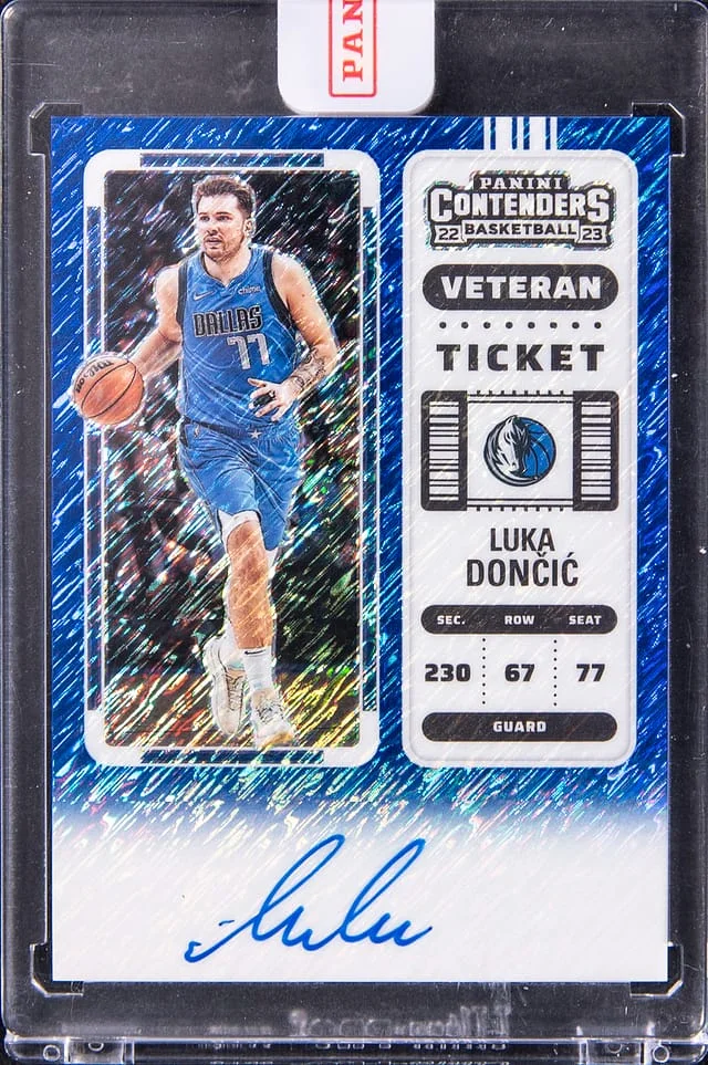 2022-23 Panini Contenders Luka Doncic FOTL Veteran Ticket Autograph Blue Shimmer #VT-LDM card image
