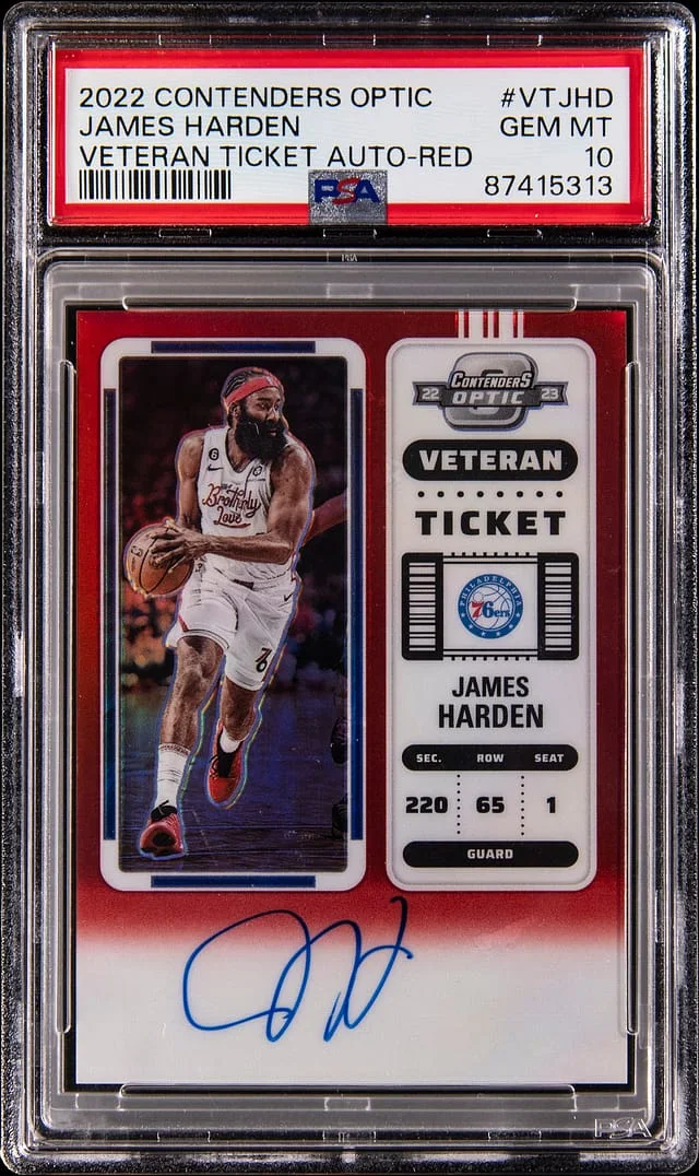 2022-23 Panini Contenders Optic James Harden Veteran Ticket Autograph Red #VT-JHD card image