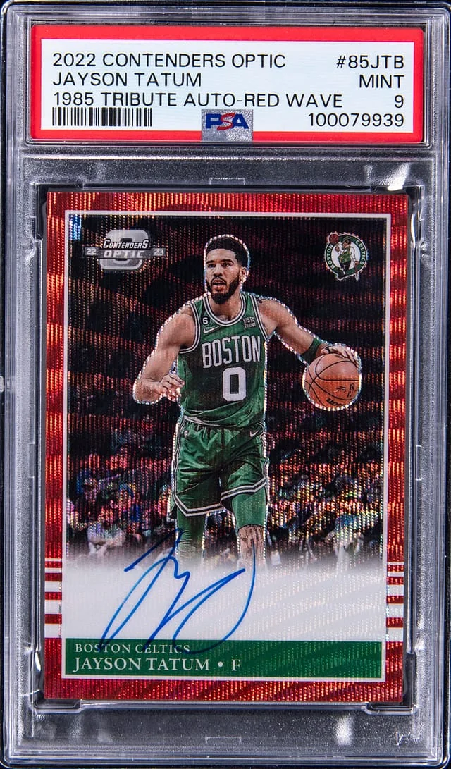 2022-23 Panini Contenders Optic Jayson Tatum 1985 Tribute Autograph Red Wave #85-JTB card image