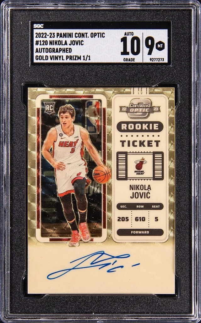 2022-23 Panini Contenders Optic Nikola Jovic Ticket Autographs Gold Vinyl Prizm #120 card image