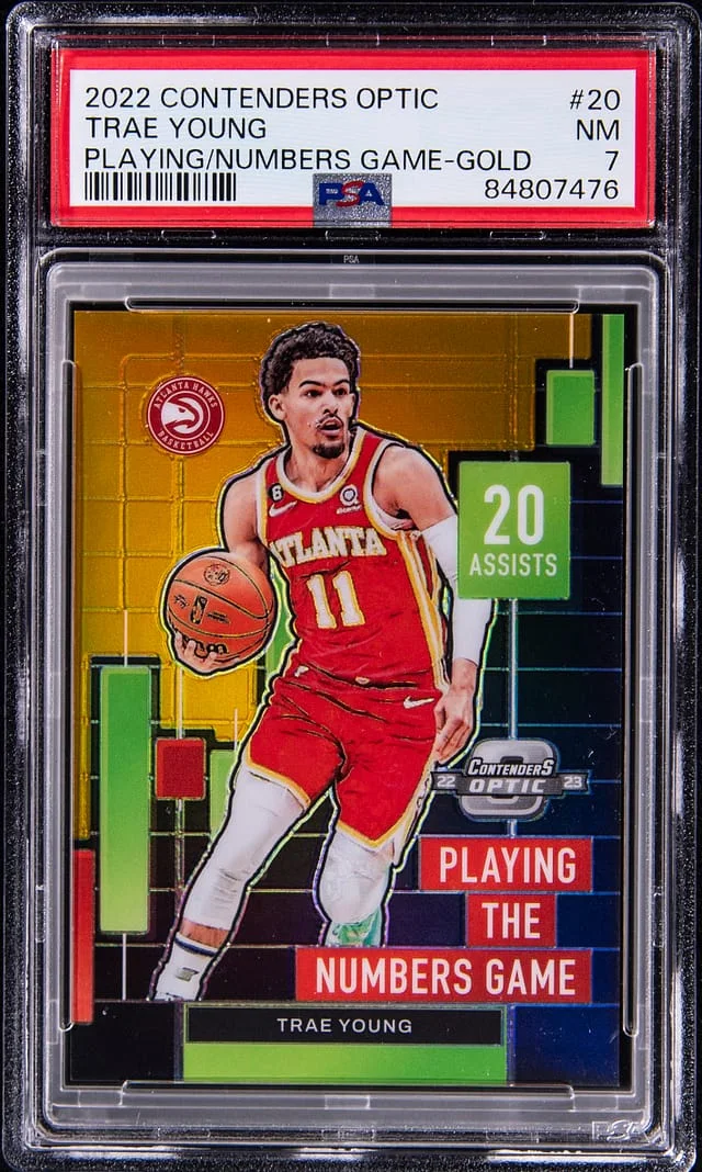2022-23 Panini Contenders Optic Trae Young Playing the Numbers Game Gold #20 card image