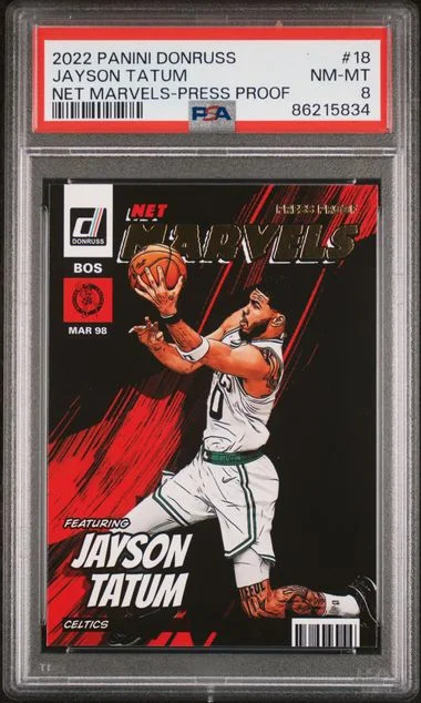 2022-23 Panini Donruss Jayson Tatum Net Marvels Press Proof #18 card image