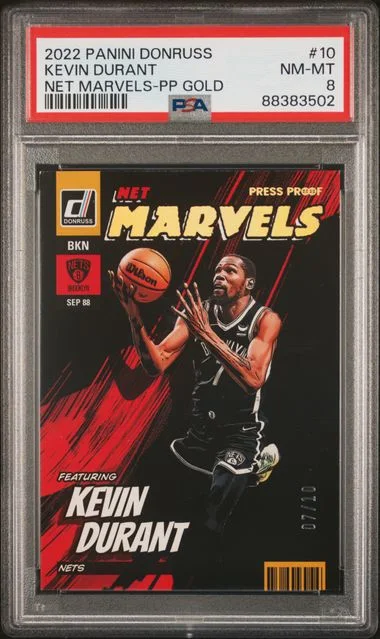 2022-23 Panini Donruss Kevin Durant Net Marvels Press Proof Gold #10 card image