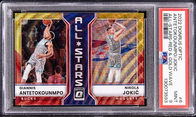 2022-23 Panini Donruss Optic Giannis Antetokounmpo/Nikola Jokic All-Stars Red & Gold Wave #6 card image