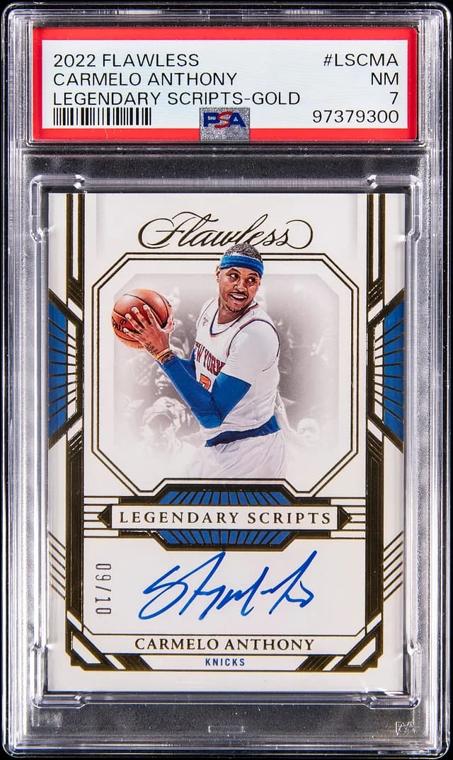 2022-23 Panini Flawless Carmelo Anthony Legendary Scripts Gold #LS-CMA card image
