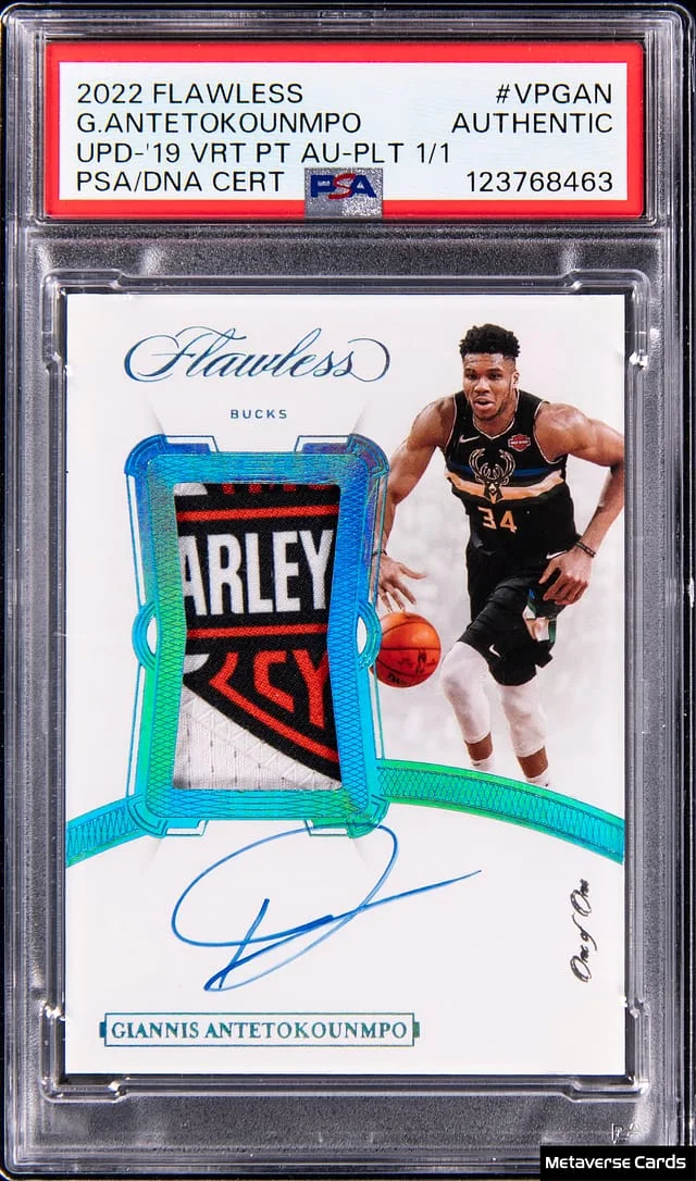 2022-23 Panini Flawless Giannis Antetokounmpo Update '19 Vertical Patch Autograph Platinum #VP-GAN card image