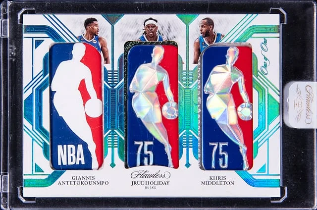 2022-23 Panini Flawless Giannis Antetokounmpo/Jrue Holiday/Khris Middleton Triple Logoman #TLM-MIL card image
