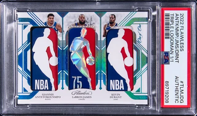 2022-23 Panini Flawless Giannis Antetokounmpo/LeBron James/Kevin Durant Triple Logoman #TLM-JDG card image