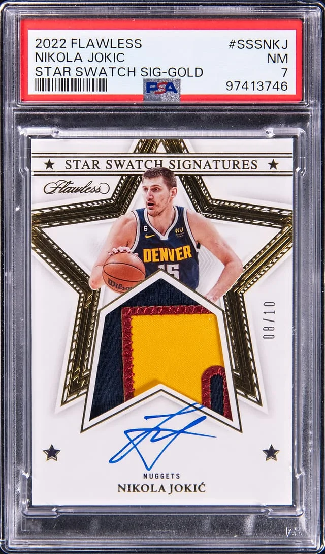 2022-23 Panini Flawless Nikola Jokic Star Swatch Signatures Gold #SSS-NKJ card image
