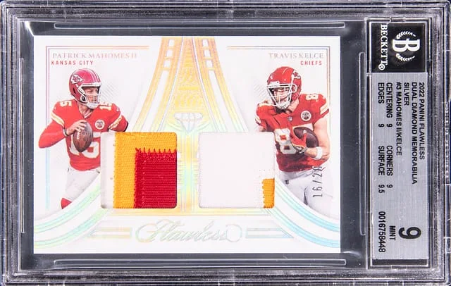 2022-23 Panini Flawless Patrick Mahomes II/Travis Kelce Dual Diamond Memorabilia Silver #DDM-KC card image