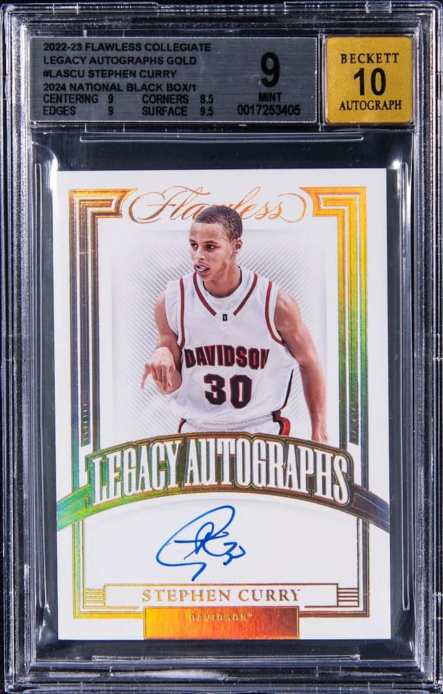 2022-23 Panini Flawless Stephen Curry Collegiate Legacy Autograph Gold '24 National Black Box #LA-SCU card image