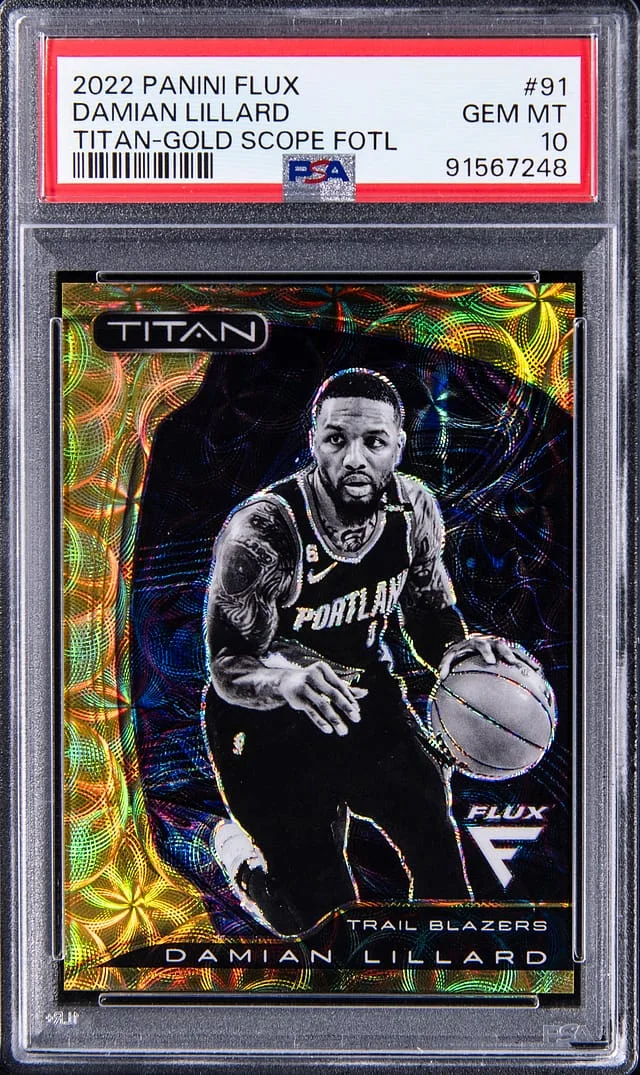 2022-23 Panini Flux Damian Lillard Titan-Gold Scope First Off The Line #91 card image