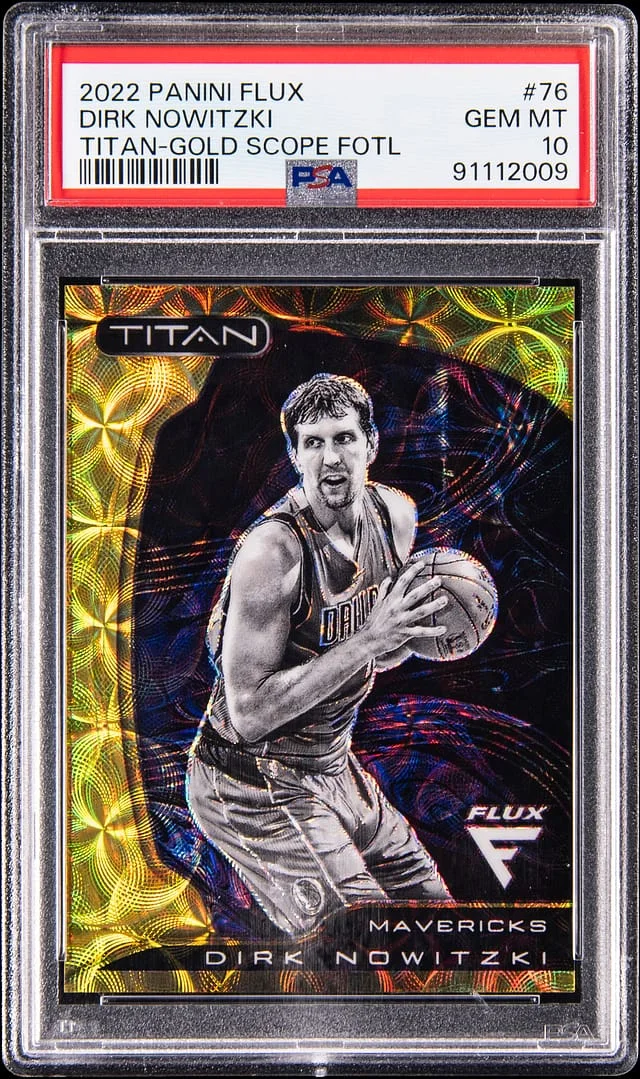 2022-23 Panini Flux Dirk Nowitzki Titan Gold Scope FOTL #76 card image