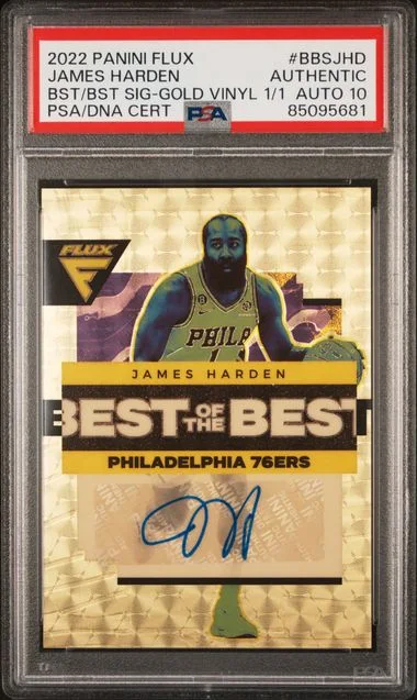 2022-23 Panini Flux James Harden Best Of The Best Signatures Gold Vinyl #BBS-JHD card image