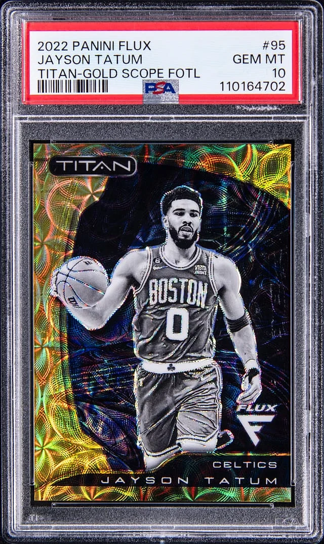 2022-23 Panini Flux Jayson Tatum Titan-Gold Scope First Off The Line #95 card image