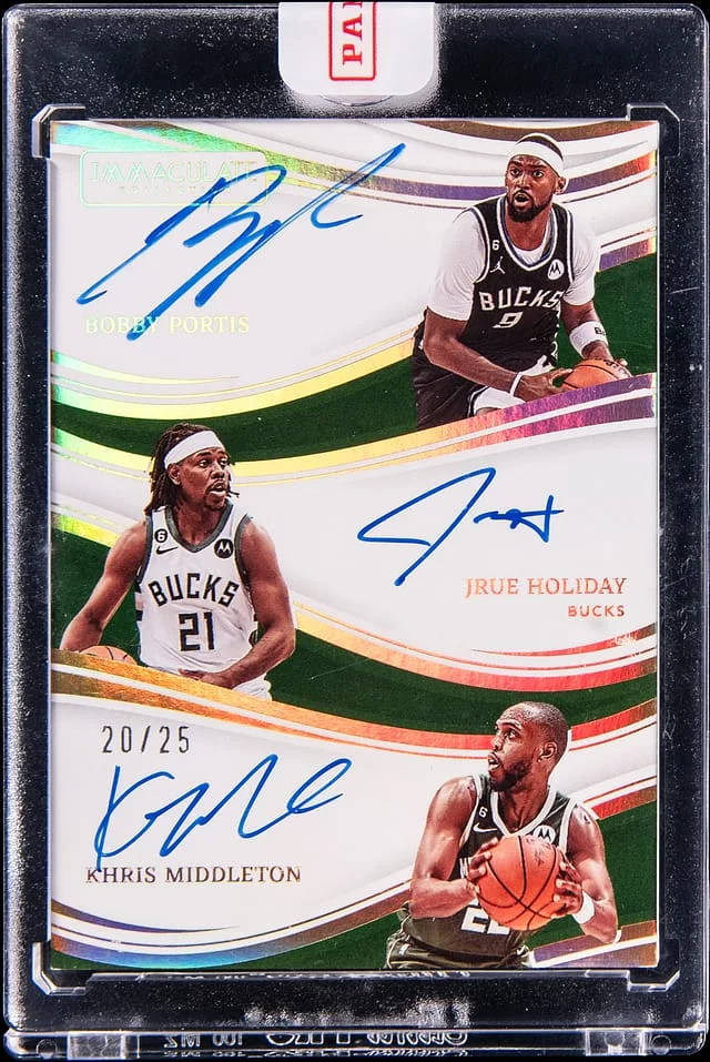 2022-23 Panini Immaculate Collection Bobby Portis/Jrue Holiday/Khris Middleton Triple Autographs #TA-BJK card image