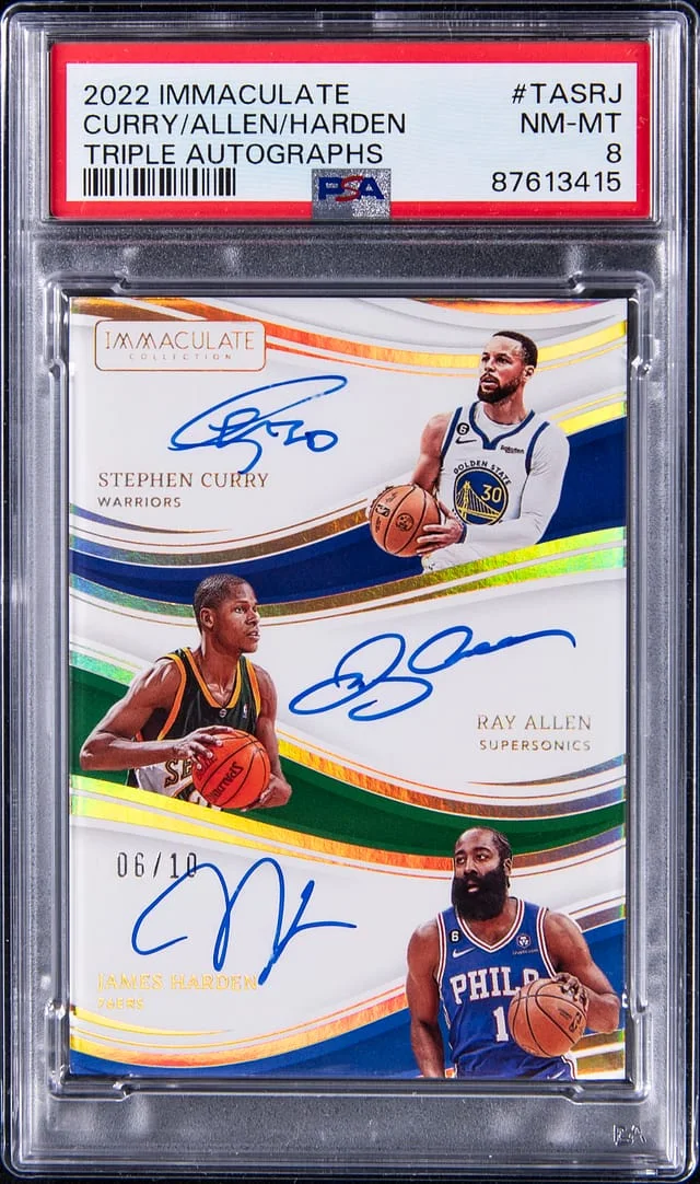 2022-23 Panini Immaculate Collection Stephen Curry/Ray Allen/James Harden Multi-Signed Card - Top Three Current 3PM in NBA History Triple Autographs #TA-SRJ card image