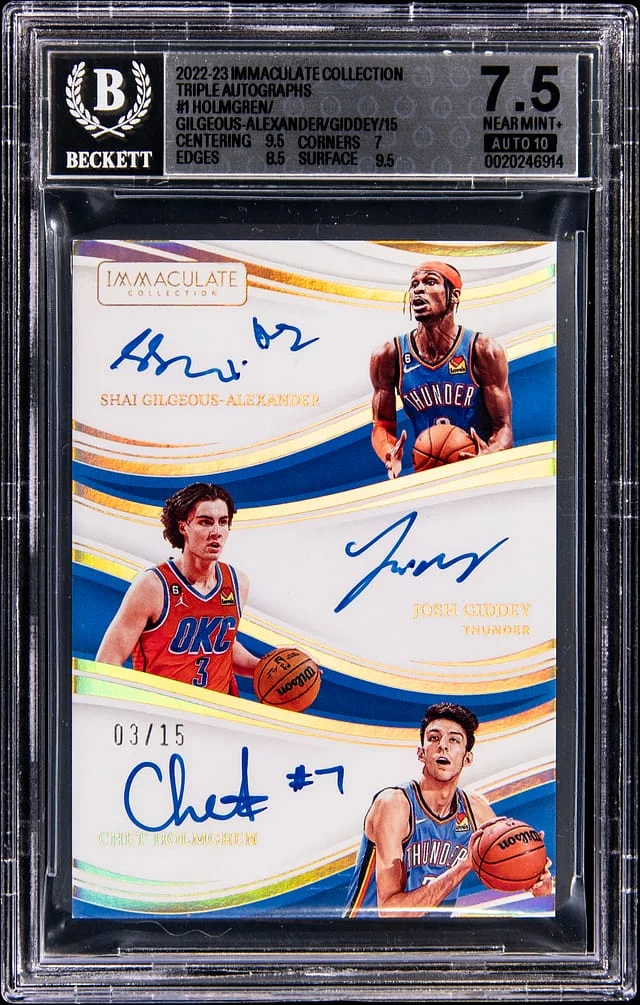 2022-23 Panini Immaculate Shai Gilgeous-Alexander/Josh Giddey/Chet Holmgren Multi-Signed Triple Autographs #TA-SJC card image