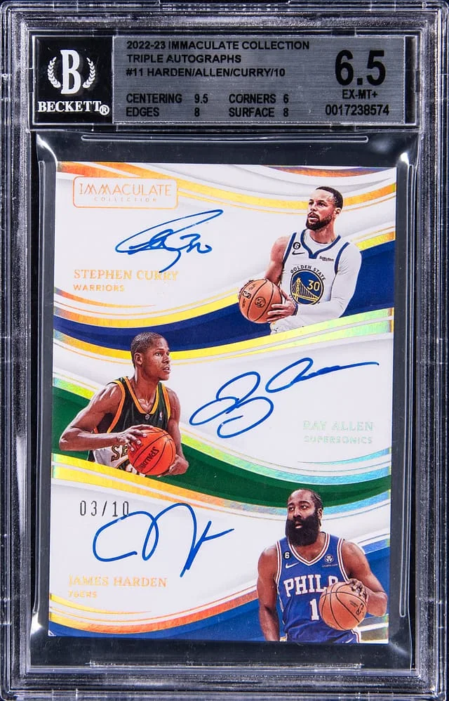 2022-23 Panini Immaculate Stephen Curry/Ray Allen/James Harden Multi-Signed Triple Autographs #TA-SRJ card image
