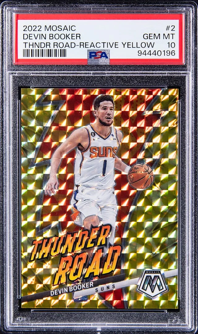 2022-23 Panini Mosaic Devin Booker Thunder Road Reactive Yellow #2 card image